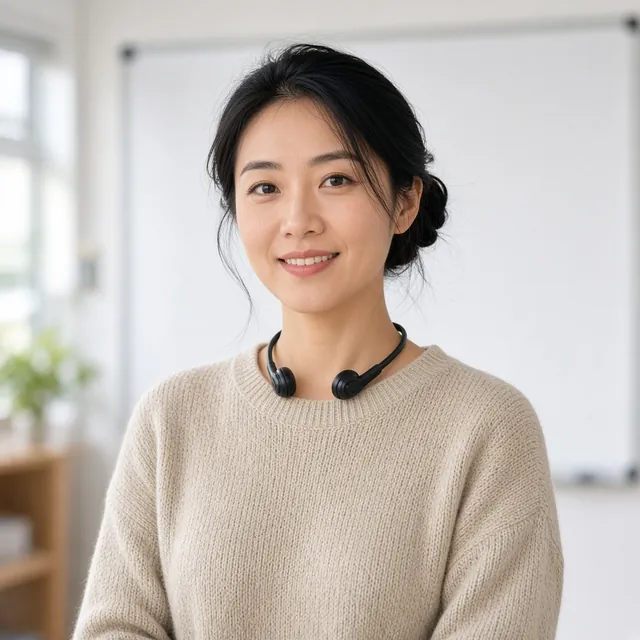 Mei Lin, smiling, in a bright classroom in Vancouver.